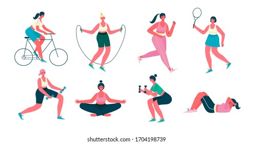 Woman activities. Set of women doing sports, yoga, riding the bicycle, jogging, jumping, fitness. Healthy lifestyle, active workout. Vector flat cartoon illustration isolated on white background.