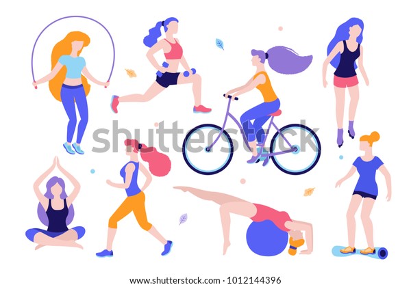 女性の活動 スポーツ ヨガ 自転車に乗る ローラースケート ジョギング ジャンプ フィットネスをする女性のセット 白い背景に異なるポーズ のスポーツ女性のベクターフラットイラスト のベクター画像素材 ロイヤリティフリー