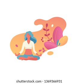 Woman activities. Slim sportive young woman doing sports, fitness, yoga, barre exercises. Flat vector sport illustration modern design isolated on gradient and plants background. good for web