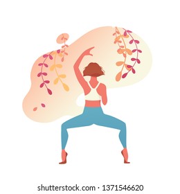 Woman activities. Slim sportive young woman doing sports, fitness, yoga exercises. Flat vector sport illustration modern design isolated on gradient and plants background.