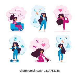 Woman Activities Types Trendy Flat Vector Characters Set. Young Lady Chatting in Social Network, Planning Routines, Doing Exercises, Riding Hoverboard, Feeding Pet, Doing Makeup Isolated Illustration