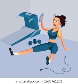 Actividad de la mujer después del entrenamiento, agua potable e ilustraciones vectoriales relajantes
