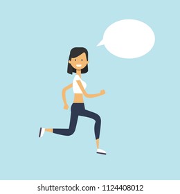 woman activity running chat bubble female character full length on blue background flat vector illustration