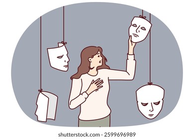 Woman actress chooses mask for performing in theater or substituting emotions to deceive interlocutor. Girl with masks, metaphor for hypocrisy and mental disorder or mental problems.