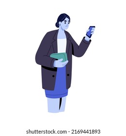 Woman addicted with mobile phone, reading negative news, scrolling internet. Online information, social networks addiction, obsession concept. Flat vector illustration isolated on white background