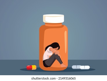 
Woman Addicted to Prescription Drugs Pills Vector Cartoon Illustration. Sad anxious patient taking antidepressants during treatment
