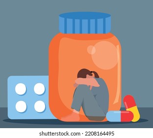 Woman Addicted to Prescription Drugs Pills Vector Cartoon Illustration. Sad anxious patient taking antidepressants during treatment.