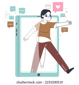 Woman addicted to smartphone. Gadgets, social media addiction, girl stuck in mobile phone screen, smartphone or tablet addiction flat vector illustration on white background