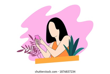 Femme accro à l'illustration à plat des médias sociaux. Fille utilisant un smartphone. Fille bavarde au téléphone