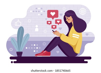Woman addicted to social media Vector illustration