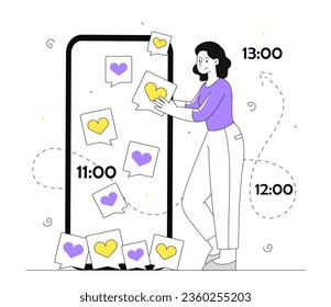 La línea de redes sociales adictas a las mujeres. Muchacha cerca de un smartphone con redes sociales y mensajeros. Reacciones de los seguidores. Bloguera y personalidad popular. Ilustración lineal vectorial