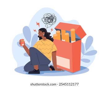 Woman with addiction to smoking. Young girl sits near huge pack of cigarettes. Unhealthy lifestyle and bad habits. Person with mental and psychological problems. Flat vector illustration