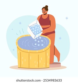 Woman adding ice cubes to the ice pod for cryotherapy concept. The process of preparing a cold bath. Flat hand drawn vector illustration. 