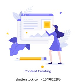 Woman adding information on website. Concept of digital content creation and management, internet publication, publishing data online. Modern flat colorful vector illustration for banner, poster.