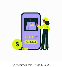Woman Adding Item To Cart On Smartphone With Shopping Bag And Stars In Flat Vector Illustration Symbolizing Online Shopping, Consumer Behavior, And E Commerce, Isolated On White Background