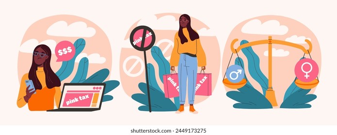 Mujer abordando el concepto de impuesto rosa, con imágenes simbólicas y colores vibrantes. Ilustración vectorial plana de dibujos animados