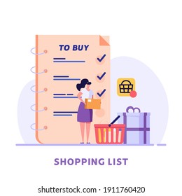 Woman adds products to the wish list in the online store. Concept of online shopping, big choice, internet trade, product rating, market place, customer reviews. Vector illustration in flat design