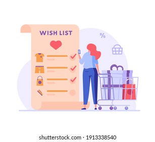 Woman adds products to the wish list in the online store. Concept of online shopping, big choice, internet trade, product rating, market place, customer reviews. Vector illustration in flat design