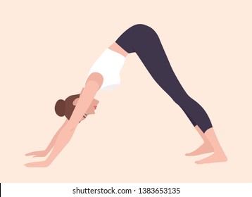 Woman in Adho Mukha Svanasana or downward-facing dog pose. Female cartoon character practicing yoga. Girl stretching during fitness workout isolated on light background. Flat vector illustration.