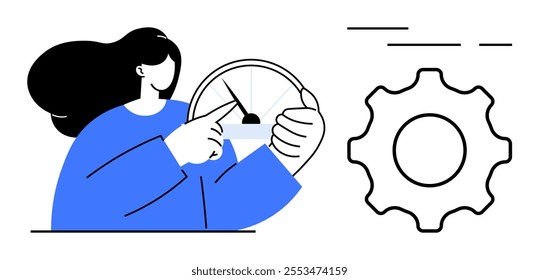 Woman adjusting a speed indicator with a gear symbol to the right. Ideal for technology, settings, user interface, software control, performance optimization. Simple flat illustration style