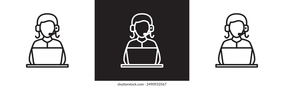 Woman admin icon at laptop, line icon of administrator, employee, customer service, support service and telemarketing, office work vector illustration on black and white and transparent background.