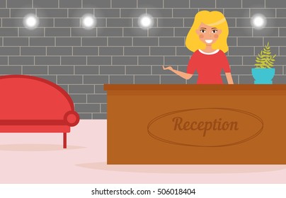 Woman administrator. Reception of the hotel or the office. Vector illustration. Cartoon character. Isolated. Flat