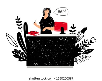 Woman administrator at work. Smiling girl work at info desk vector illustration