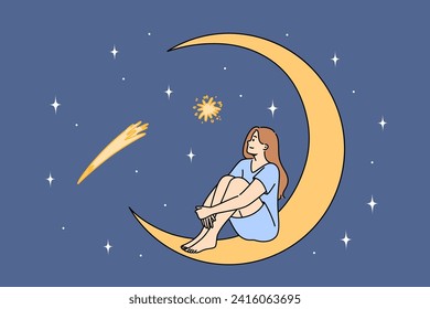 Woman admires starry sky, sitting on crescent and making secret wish during starfall. Young girl dream with starfall and fantastic visit to space or galaxy with opportunity to sit on moon