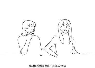 woman admiring and admiring another smiling woman - one line drawing vector. concept girl crush for woman, lesbian in love, envy or jealousy for someone else's beauty or success and achievements