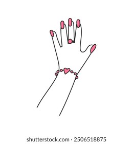 Woman Admiring Her Nails. Coquette female gesture. Girl's hand with Pink Manicure and Jewelry Ring Bracelet. Outline vector illustration in Doodle style