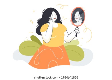 Woman admiring her reflection. Female character looking at herself in mirror happily. Beautiful girl with black hair. Loving yourself, ego, narcissism concept for banner, website design