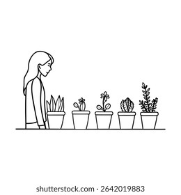 Woman admiring line art illustration of potted plants including succulents and flowers in various shapes