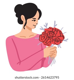 Woman Admiring a Rose Bouquet