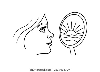Woman admiring sunshine reflected in a hand mirror illustration in clean black lines