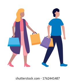 woman adn man avatar with bags design of Shopping commerce and market theme Vector illustration