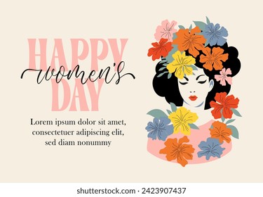 A woman adorned with flowers in her hair is featured on a bright and colorful Happy Womens Day card, showcasing creativity in flower arranging and a joyful expression.