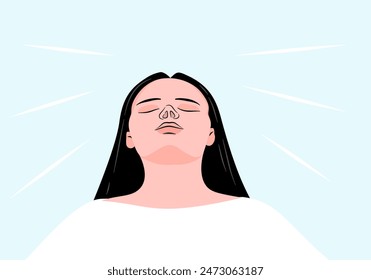 An woman adult doing breathing exercise in low angle view.