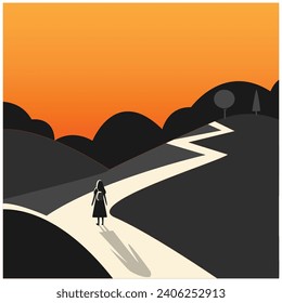woman adventure, graduation, path way road to success career, mystery crisis life, dry desert background