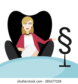 Woman advocate, lawyer sitting in black chair in his office. Flat vector. 