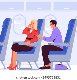 Mujer con aerofobia. Una joven asustada se sienta en la cabina del avión. Problemas mentales y psicológicos. La persona sufre de ataque de pánico dentro del avión. Ilustración vectorial plana