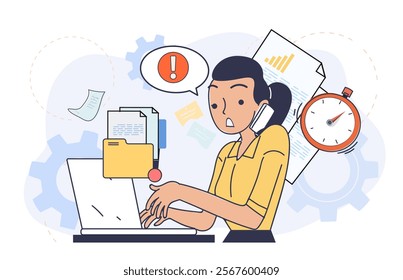 Woman afraid of deadline. Businesswoman with folder with documents. Emotional burnout, mental and psychological problems. Stress, shock and panic. Linear vector illustration