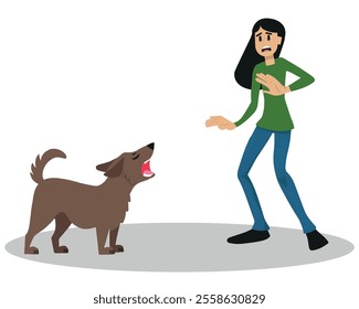 woman afraid of a ferocious dog, dog attack, dangerous situation with a rabid animal. vector illustration.