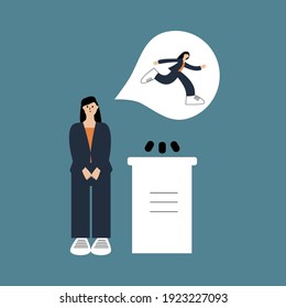 Woman is afraid of giving presentation to the audience. Fear of public speaking or glossphobia. Social anxiety and mental health disorder. Psychology concept. Isolated flat vector illustration