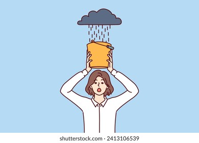 Woman afraid of rain, covering head with bucket of water, for concept of business problems and crisis situation. Girl in formal wear stands under cloud with shower and needs help from crisis manager.