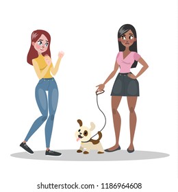 Woman is afraid of small friendly pet dog. Fear oor phobia of dogs. Social anxiety. Psychology and psycho therapy concept. Isolated flat vector illustration