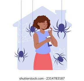Woman afraid of spiders concept. Young girl with arachnophobia. Mental and psychological disorder. Character in apartment with insects and cobwebs. Cartoon flat vector illustration