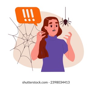 Woman afraid of spiders concept. Young girl near black insect at net. Arachnophoby, mental disorder and psychological problems. Cartoon flat vector illustration isolated on white background