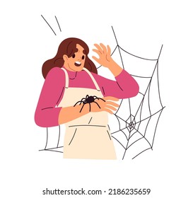 Woman afraid of spiders, web. Scared frightened anxious fearful person in panic with arachnid insect. Arachnophobia, phobia psychology concept. Flat vector illustration isolated on white background