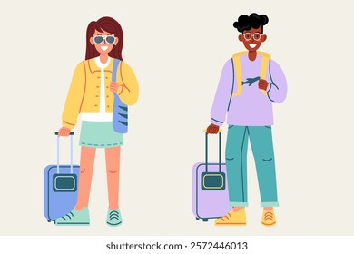 Woman and african american man traveling with suitcase hand drawn