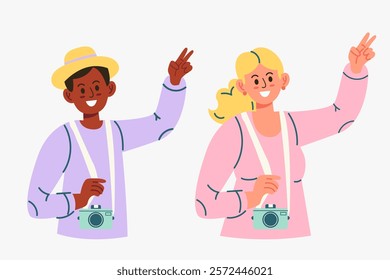 Woman and african american man traveling with camera hand drawn